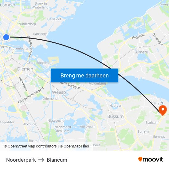 Noorderpark to Blaricum map