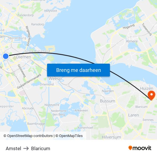 Amstel to Blaricum map