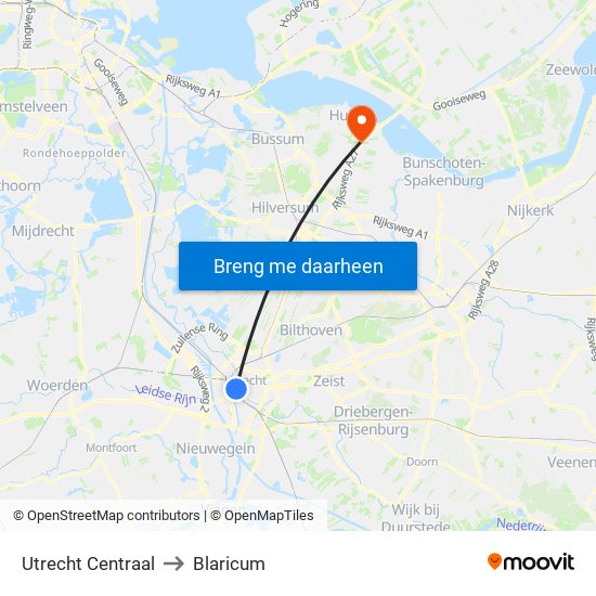 Utrecht Centraal to Blaricum map