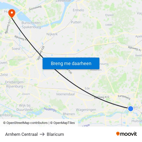 Arnhem Centraal to Blaricum map