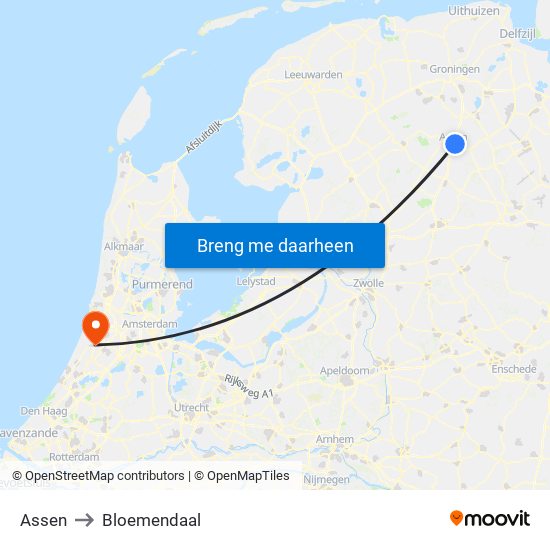 Assen to Bloemendaal map