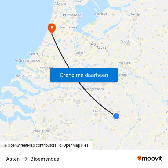 Asten to Bloemendaal map