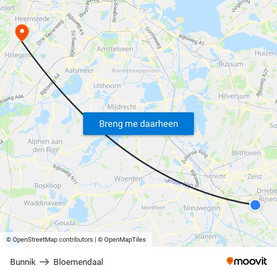 Bunnik to Bloemendaal map