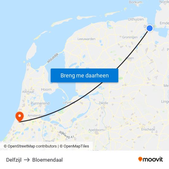 Delfzijl to Bloemendaal map