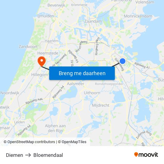 Diemen to Bloemendaal map