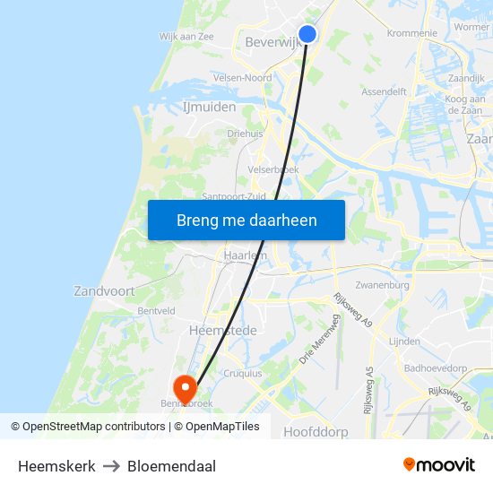 Heemskerk to Bloemendaal map