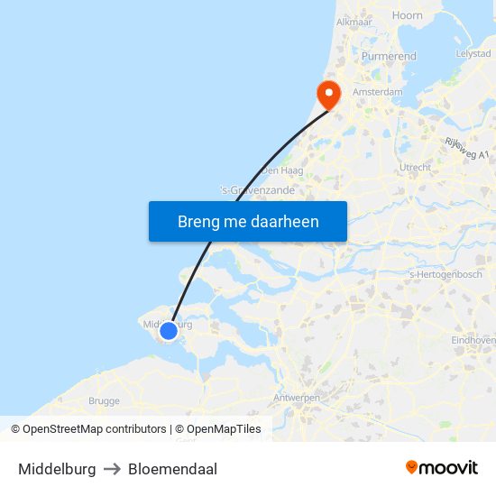 Middelburg to Bloemendaal map