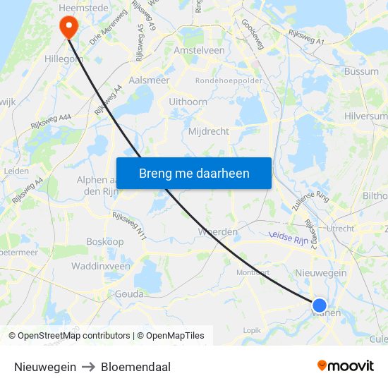 Nieuwegein to Bloemendaal map