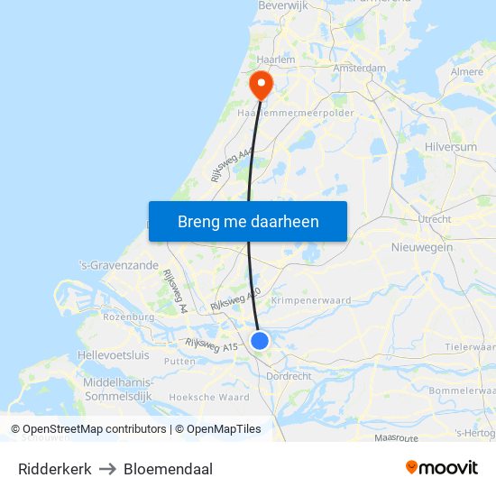 Ridderkerk to Bloemendaal map