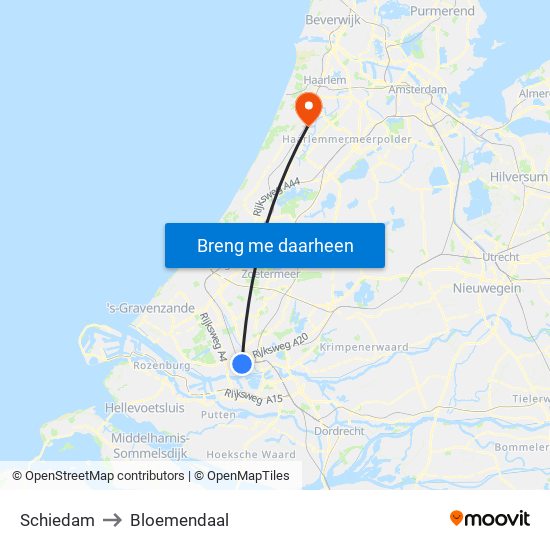Schiedam to Bloemendaal map