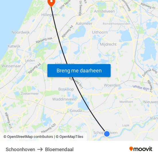 Schoonhoven to Bloemendaal map
