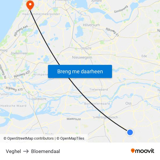 Veghel to Bloemendaal map