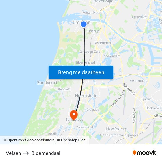 Velsen to Bloemendaal map