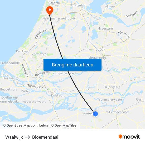 Waalwijk to Bloemendaal map