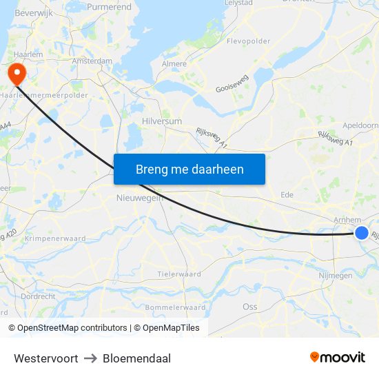 Westervoort to Bloemendaal map