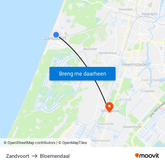 Zandvoort to Bloemendaal map