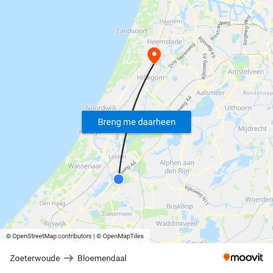 Zoeterwoude to Bloemendaal map