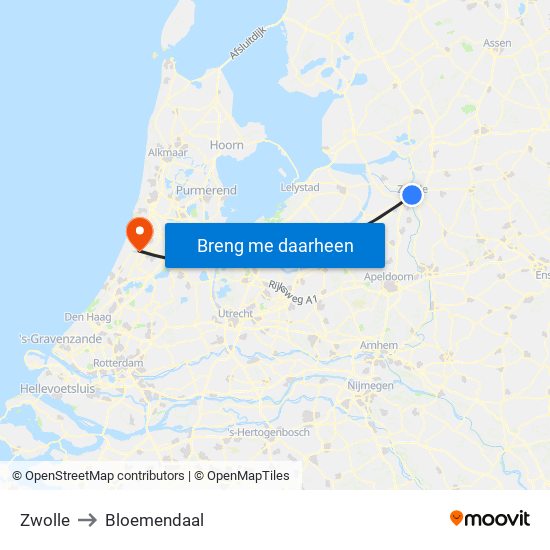 Zwolle to Bloemendaal map