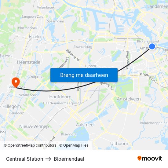 Centraal Station to Bloemendaal map