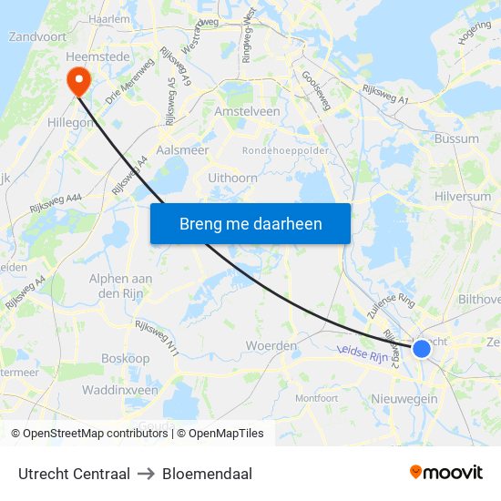 Utrecht Centraal to Bloemendaal map