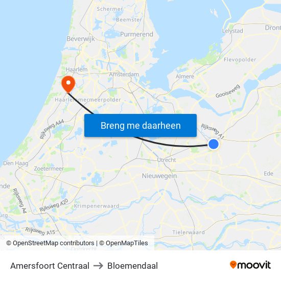 Amersfoort Centraal to Bloemendaal map