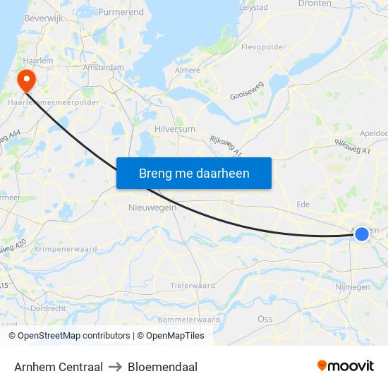 Arnhem Centraal to Bloemendaal map