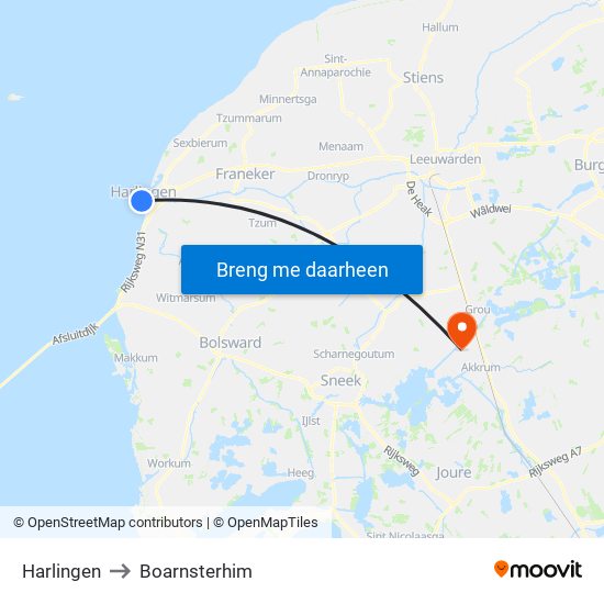 Harlingen to Boarnsterhim map