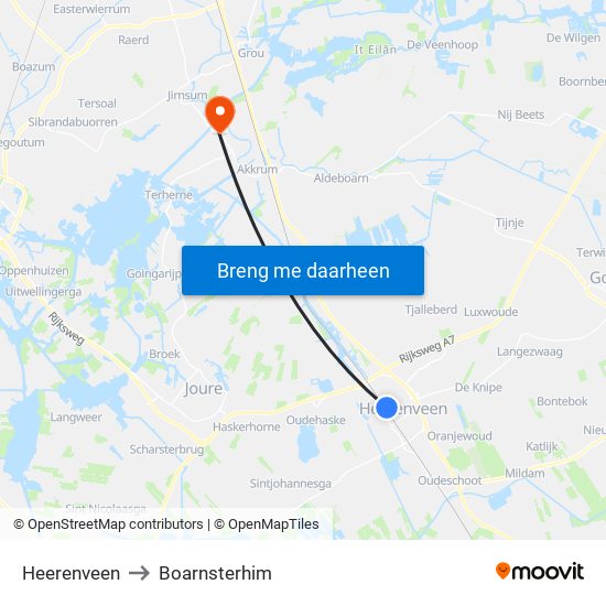 Heerenveen to Boarnsterhim map