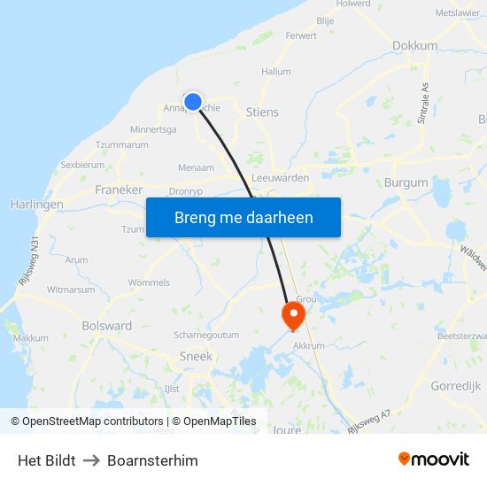 Het Bildt to Boarnsterhim map
