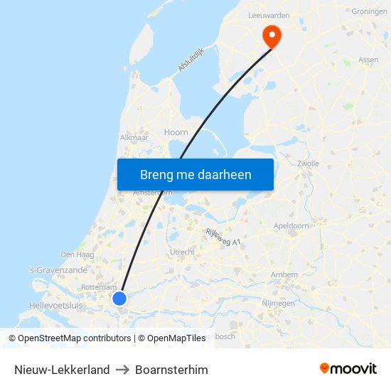 Nieuw-Lekkerland to Boarnsterhim map