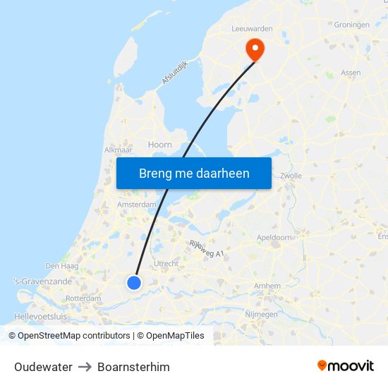 Oudewater to Boarnsterhim map