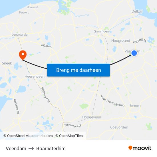 Veendam to Boarnsterhim map