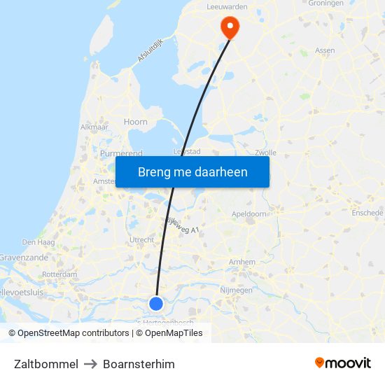 Zaltbommel to Boarnsterhim map