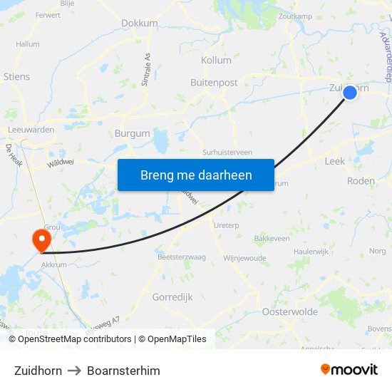 Zuidhorn to Boarnsterhim map