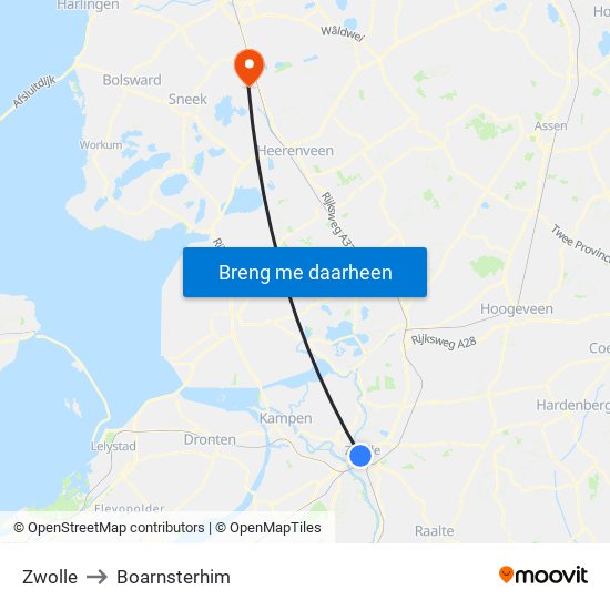 Zwolle to Boarnsterhim map