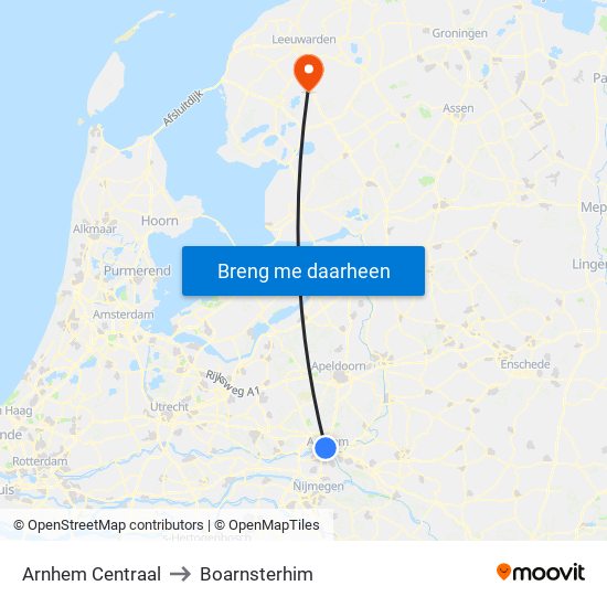 Arnhem Centraal to Boarnsterhim map