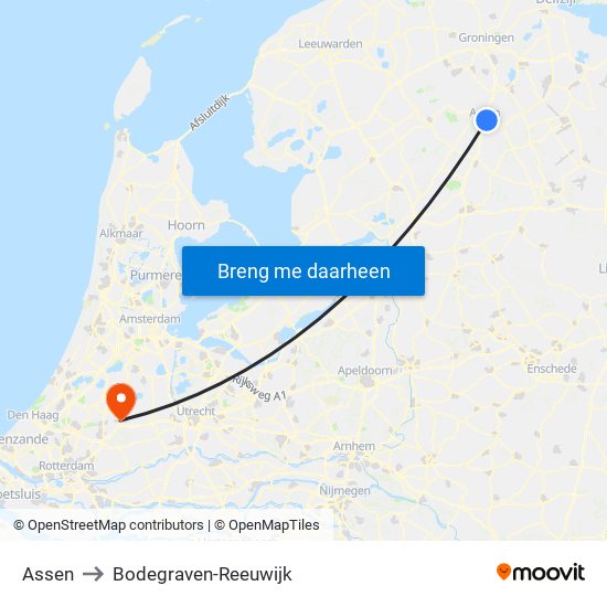 Assen to Bodegraven-Reeuwijk map