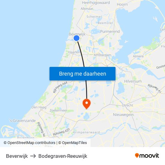 Beverwijk to Bodegraven-Reeuwijk map