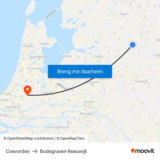 Coevorden to Bodegraven-Reeuwijk map