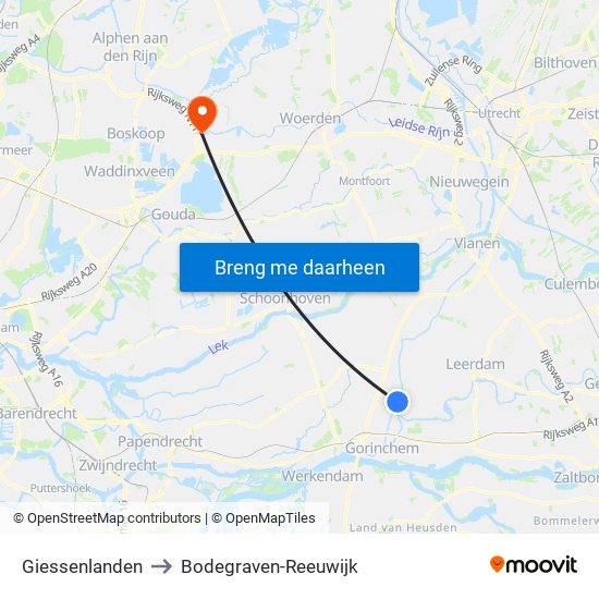 Giessenlanden to Bodegraven-Reeuwijk map