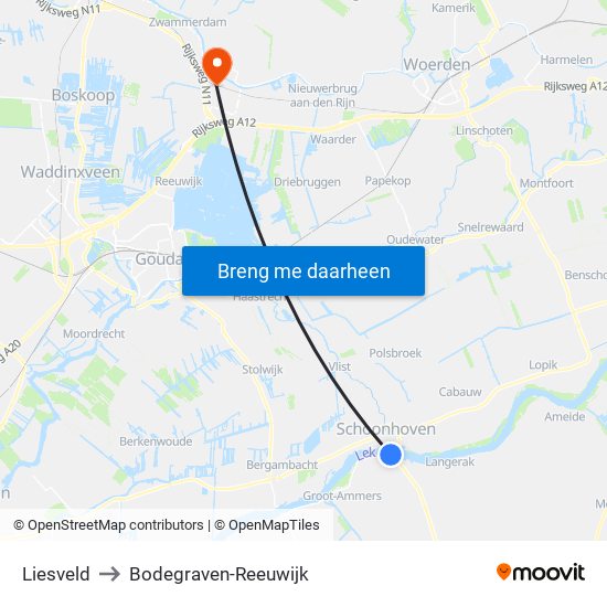 Liesveld to Bodegraven-Reeuwijk map