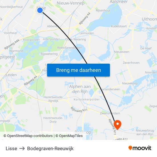 Lisse to Bodegraven-Reeuwijk map
