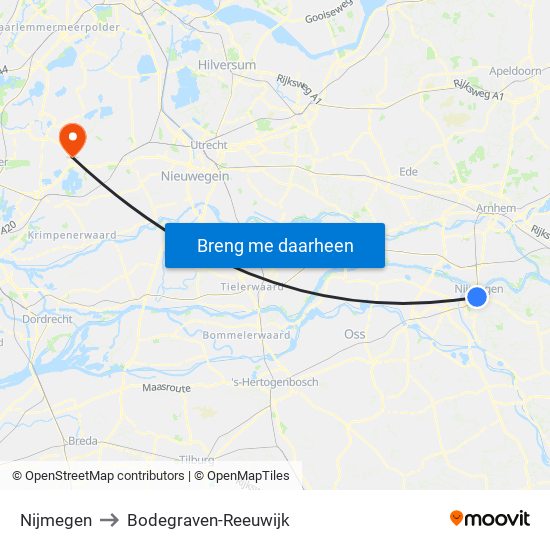 Nijmegen to Bodegraven-Reeuwijk map