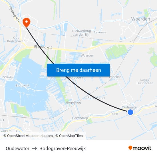 Oudewater to Bodegraven-Reeuwijk map