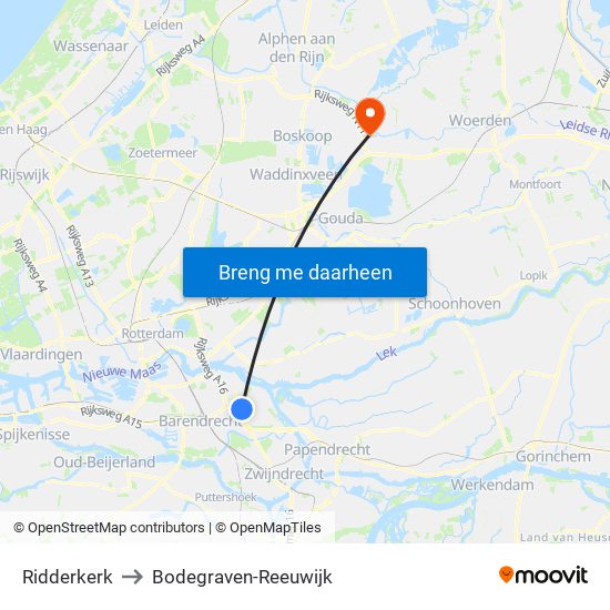 Ridderkerk to Bodegraven-Reeuwijk map