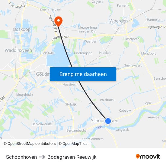 Schoonhoven to Bodegraven-Reeuwijk map