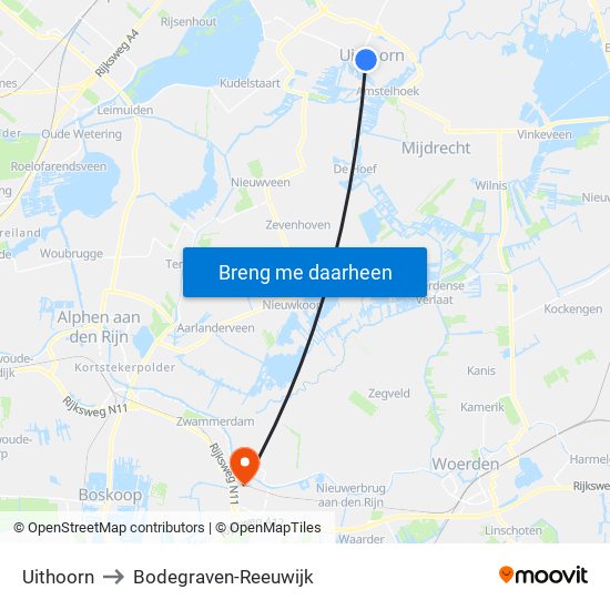 Uithoorn to Bodegraven-Reeuwijk map