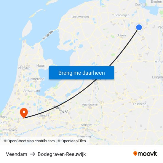 Veendam to Bodegraven-Reeuwijk map