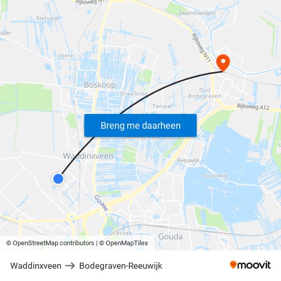 Waddinxveen to Bodegraven-Reeuwijk map