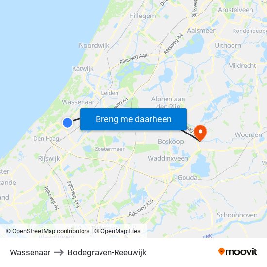 Wassenaar to Bodegraven-Reeuwijk map
